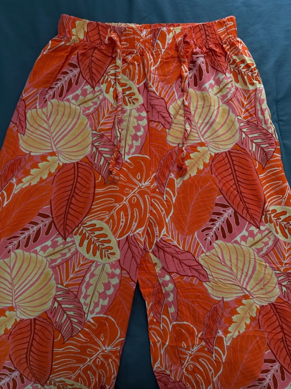 Tropical Leaf Print Drawstring Trousers - Orange